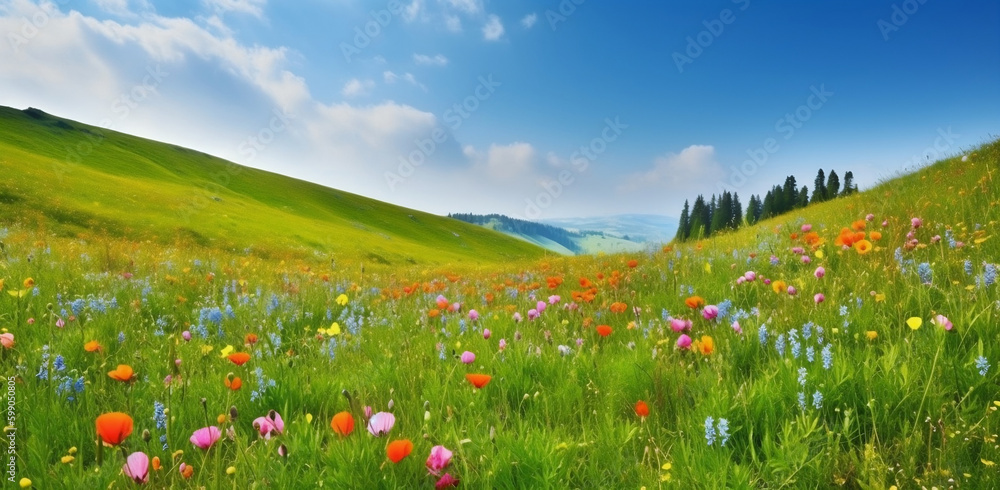 Beautiful spring landscape with colorful wildflowers in a green meadow on a blue day (generative AI)