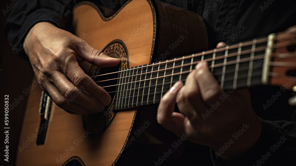Cropped view of a person playing spanish guitar. Image Generative AI.