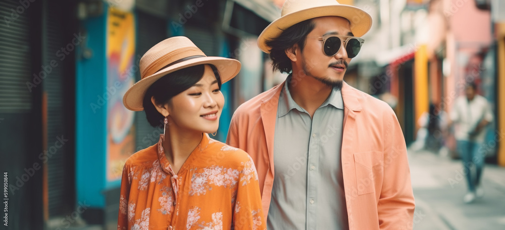 Asian tourist couple in the walking in the street. Image Generative AI.