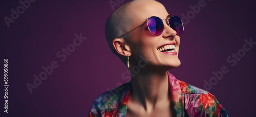 Image Generative AI. Portrait of a happy beautiful young bald caucasian woman on flat purple color background. 