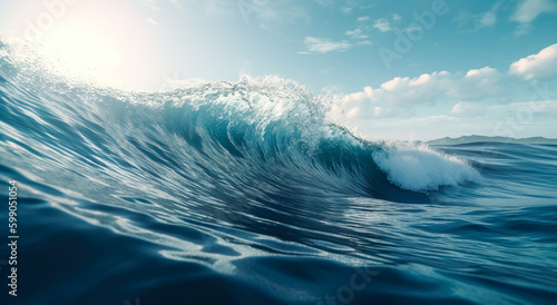 A wave breaking on the ocean surface, a large inverted wave in a blue ocean. 