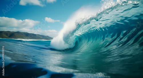 A wave breaking on the ocean surface, a large inverted wave in a blue ocean.  © Saulo Collado