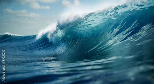 A wave breaking on the ocean surface, a large inverted wave in a blue ocean. 