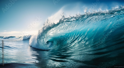 A wave breaking on the ocean surface, a large inverted wave in a blue ocean.  © Saulo Collado