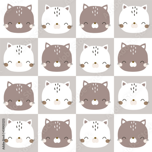 Seamless pattern with cats on a checkerboard. Vector hand drawn illustration.