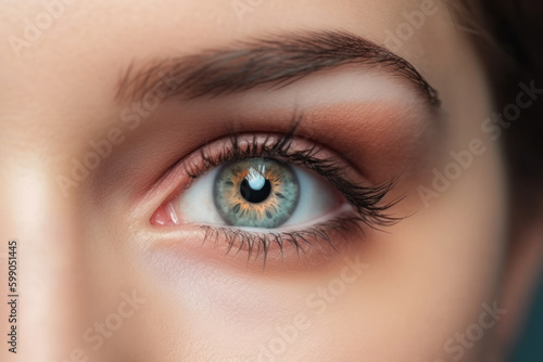 Closeup shot of beautiful female human eye, natural makeup, green eyes, generative AI