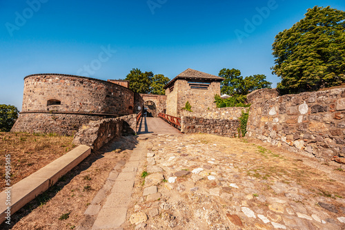 Historic town from the Esztergom basilica in Hungary. The Danube river and the border bridge to the town of Sturovo in Slovakia. Esztergom castle photo