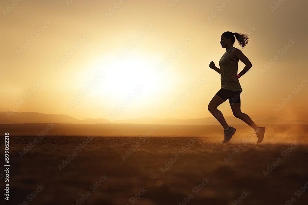 Active Woman Running in the Early Morning Light. Generative AI.