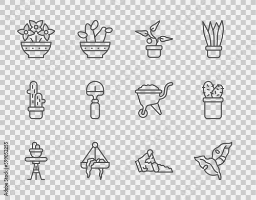 Set line Plant in pot on table, Tropical leaves, hanging, Flower vase, Shovel, Broken and Cactus peyote icon. Vector
