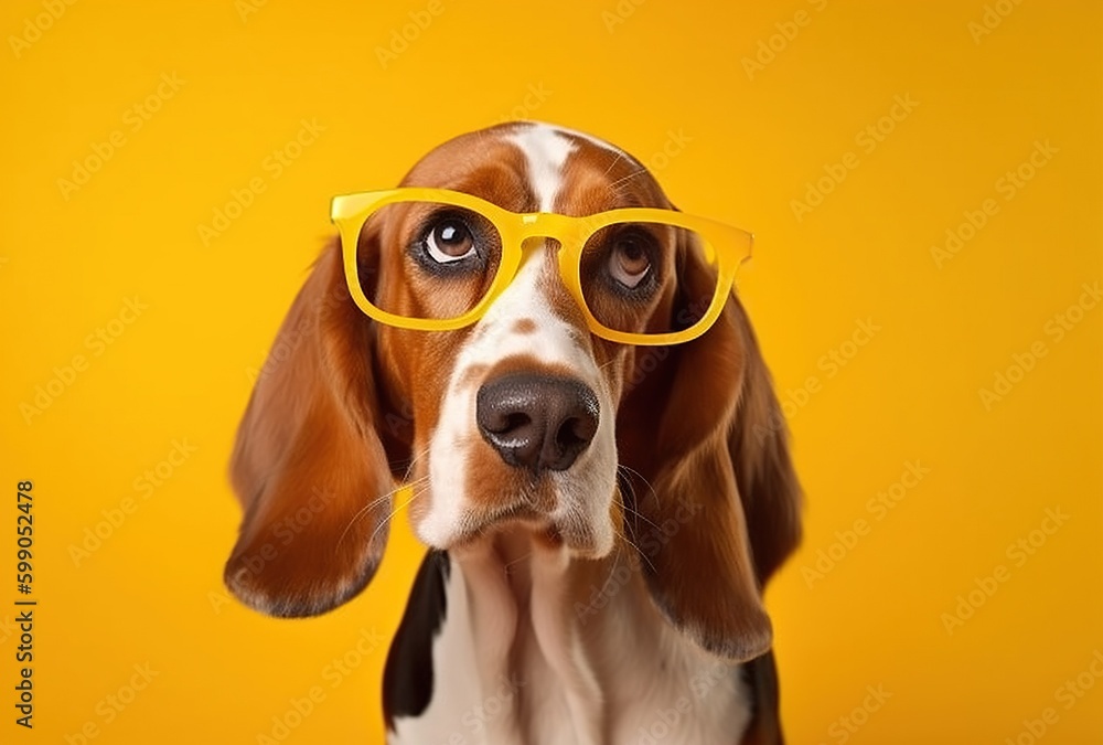Beagle in Glasses on Yellow Background. Generative AI.