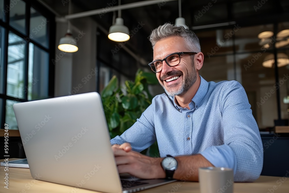 Happy mature business man executive manager looking at laptop computer watching online webinar or having remote virtual meeting, video conference call negotiation. Generative AI. Happy mature business man executive manager looking at laptop computer watching online webinar or having remote virtual meeting, video conference call negotiation. Generative AI.