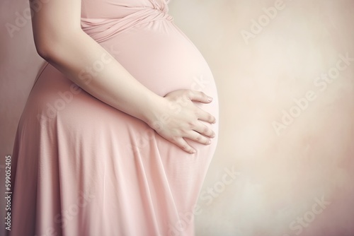 Pregnant Woman in Pink Dress Cradling Her Belly. Generative AI.