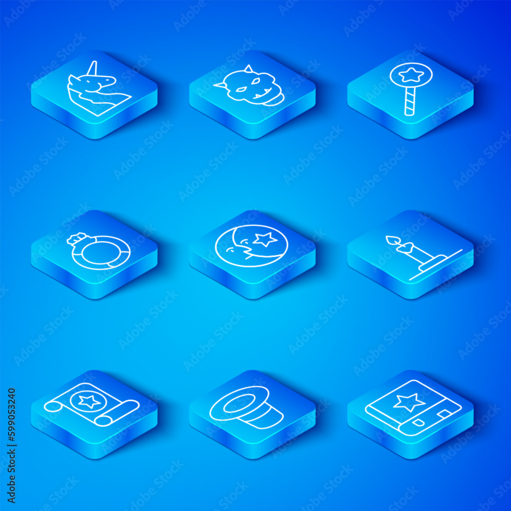 Set line Magic scroll, Moon and stars, hat, Burning candle in candlestick, wand, stone ring with gem, Unicorn and Ancient magic book icon. Vector Set line Magic scroll, Moon and stars, hat, Burning candle in candlestick, wand, stone ring with gem, Unicorn and Ancient magic book icon. Vector