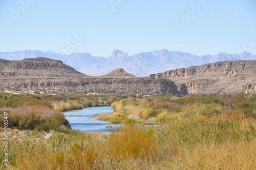 Big Bend National Park looking across Rio Grande River at Chisos Mountains