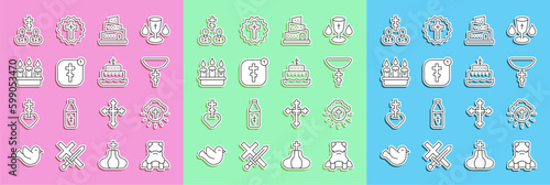 Set line Priest, Religious cross in circle, Christian on chain, Babel tower bible story, Online church pastor preaching, Burning candle candlestick, and Ark of noah icon. Vector
