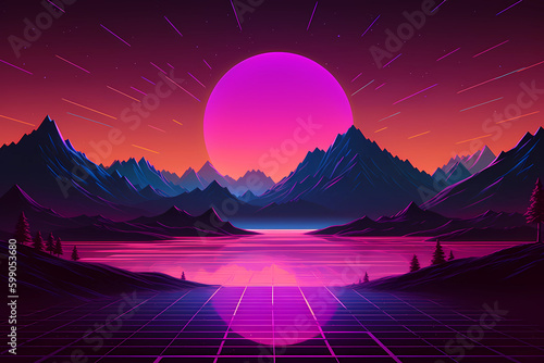 retrowave or synthwave style poster wallpaper background. night grid poster. generative ai