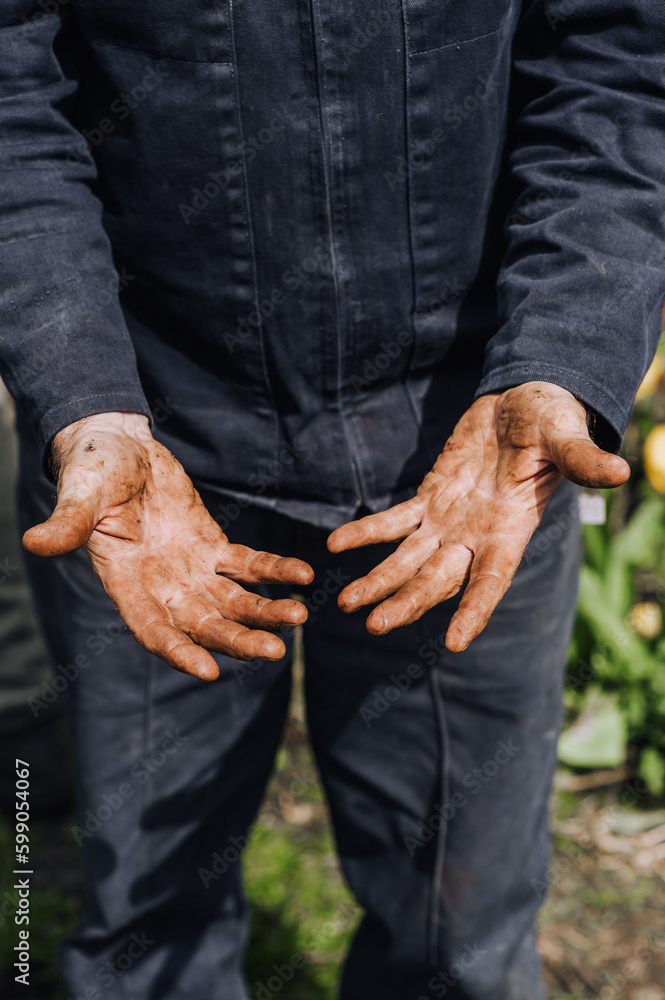 Ταπετσαρία A mechanic, an auto mechanic in a robe shows dirty, oil-smeared hands, palms after work