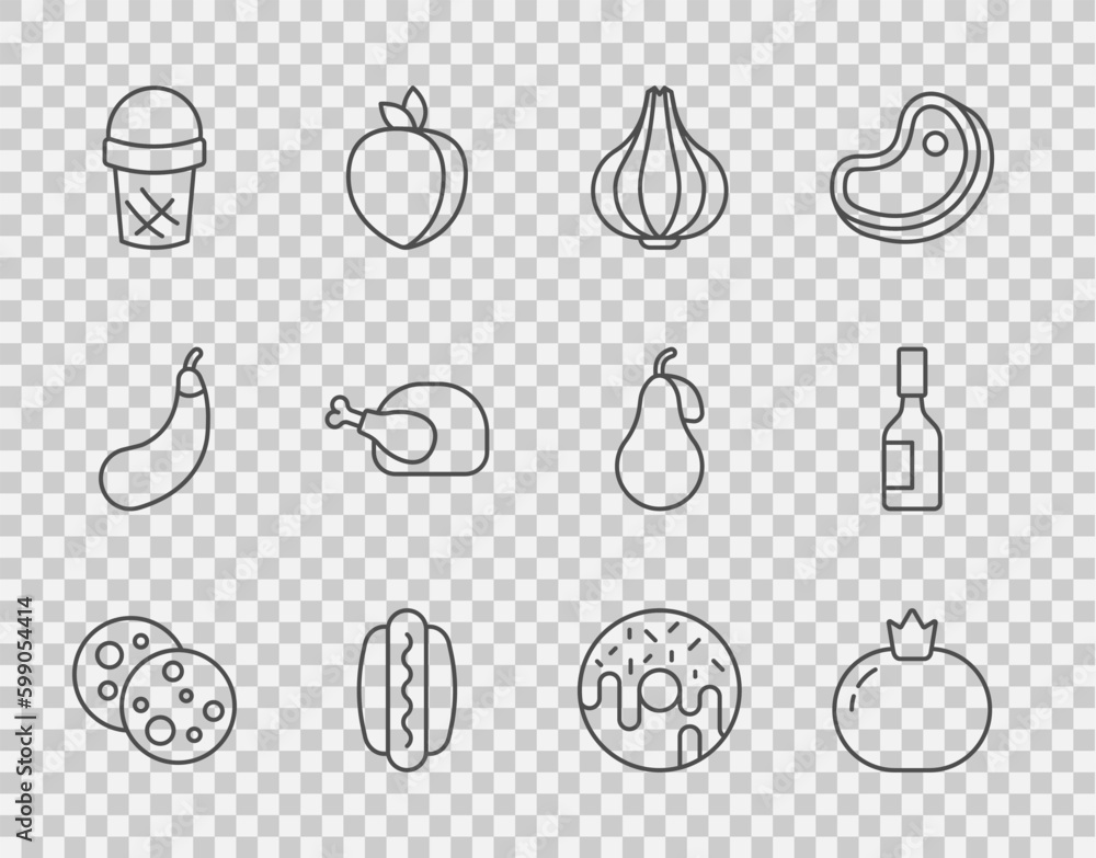 Set line Cookie with chocolate, Tomato, Garlic, Hotdog, Ice cream in waffle, Roasted turkey or chicken, Donut and Tabasco sauce icon. Vector Set line Cookie with chocolate, Tomato, Garlic, Hotdog, Ice cream in waffle, Roasted turkey or chicken, Donut and Tabasco sauce icon. Vector