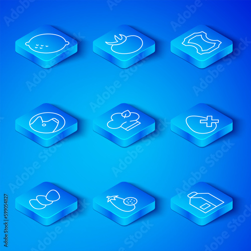 Set line Chicken egg, Vegan food diet, Eggplant, No, Leather, Pig, Lemon and Paper package for milk icon. Vector