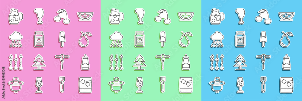 Set line Glass of whiskey with ice, Sauce bottle, Pear, Cherry, Jam jar, Cloud rain, Jug glass water and Ice cream icon. Vector Set line Glass of whiskey with ice, Sauce bottle, Pear, Cherry, Jam jar, Cloud rain, Jug glass water and Ice cream icon. Vector