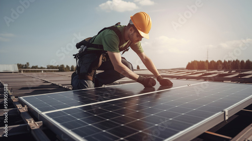 Fotografia, Obraz Solar power engineer installing solar panels, on the roof, electrical technician
