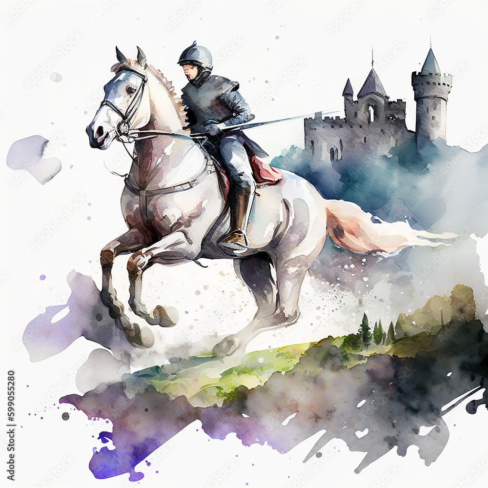 Naklejka premium Medieval Knight Watercolor Art v3, 300 DPI PNGs, High Resolution, Knights in Amour, Knight Headshots, Knight on Horseback - Generative AI