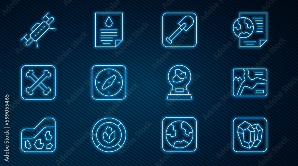 Set line Gem stone, Topographic map, Shovel, Compass, Archeology, Drone, Exhibition with minerals, rocks and Oil drop document icon. Vector Set line Gem stone, Topographic map, Shovel, Compass, Archeology, Drone, Exhibition with minerals, rocks and Oil drop document icon. Vector