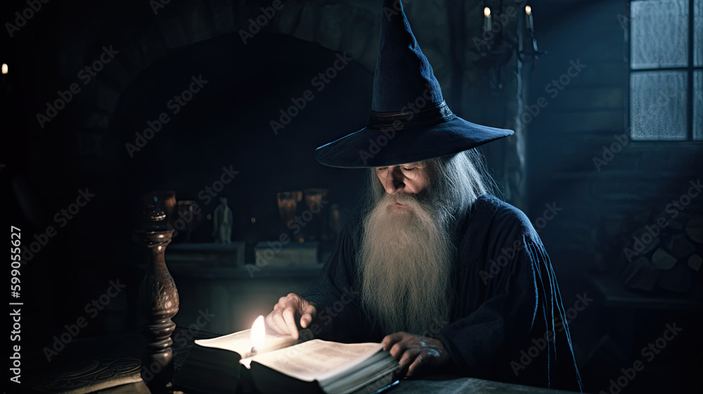 Wizard in Blue Robes and Pointy Hat Reading a Spell Book in a Library Generative AI Photo