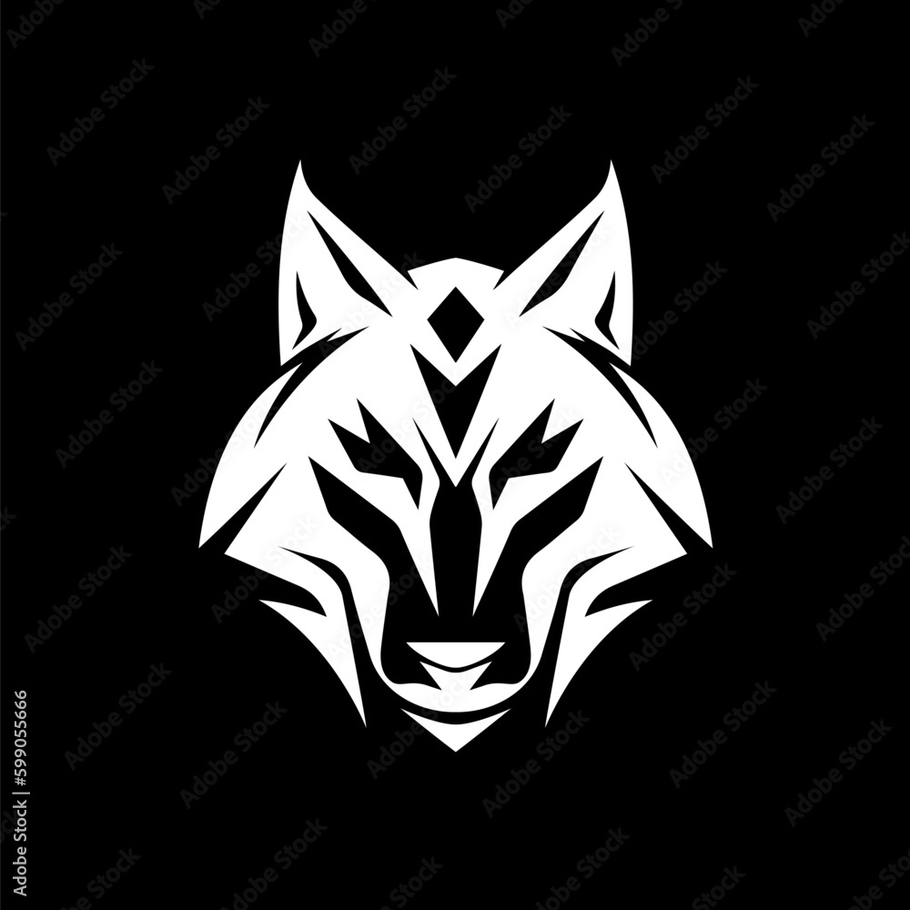 Wolf head tribal logo with a shadowy intensity, simplified forms and bold shapes on black background Wolf head tribal logo with a shadowy intensity, simplified forms and bold shapes on black background
