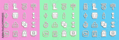 Set line Boxing helmet, Dumbbell, gong, Punching bag, Energy drink and icon. Vector