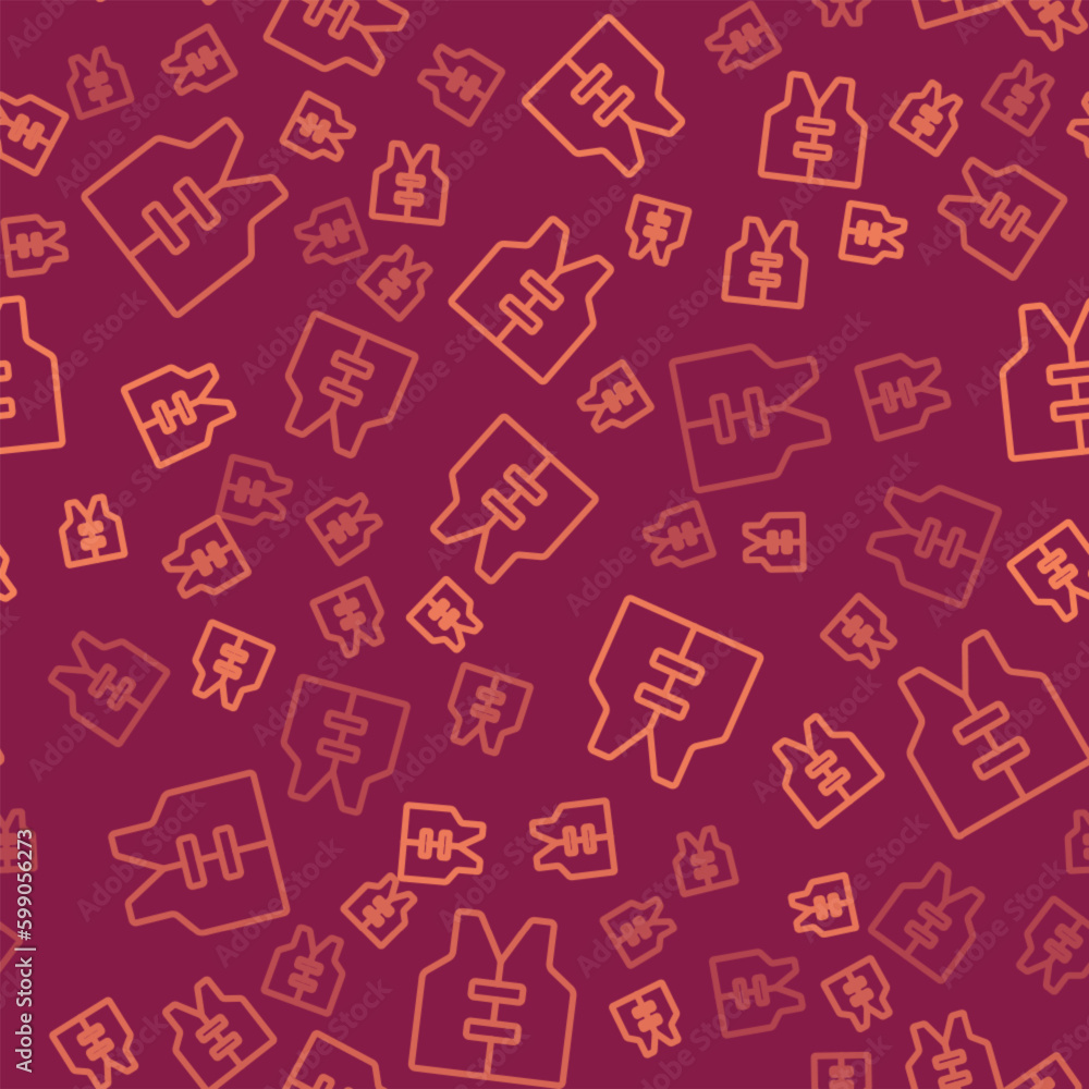 Brown line Life jacket icon isolated seamless pattern on red background. Life vest icon. Extreme sport. Sport equipment. Vector Brown line Life jacket icon isolated seamless pattern on red background. Life vest icon. Extreme sport. Sport equipment. Vector