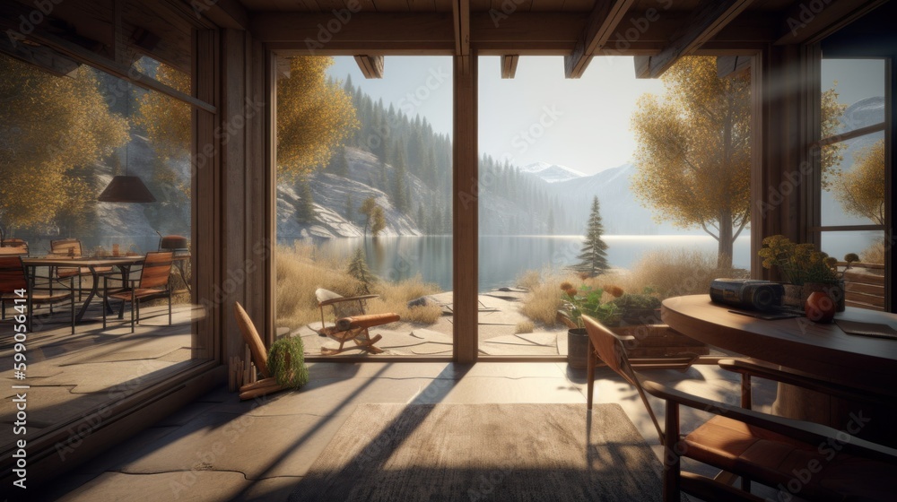 Fototapeta premium Interior of a nice wooden veranda in a house by a lake in the mountains. Generative AI illustration.