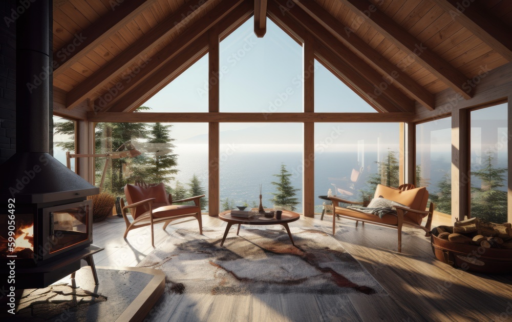 Obraz premium Cozy rustic chalet interior design concept with a fireplace and a perfect view on the ocean. Generative AI illustration.
