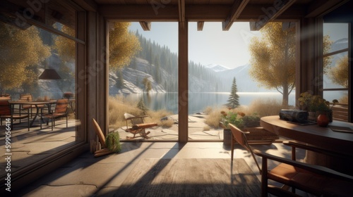 Interior of a nice wooden veranda in a house by a lake in the mountains. Generative AI illustration.