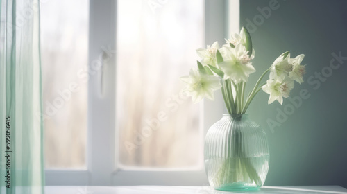 Green luxury flowers in glass vase. Illustration AI Generative