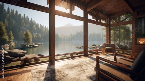 Modern and rustic luxury chalet in the mountains. Generative AI illustration. © Tuyres