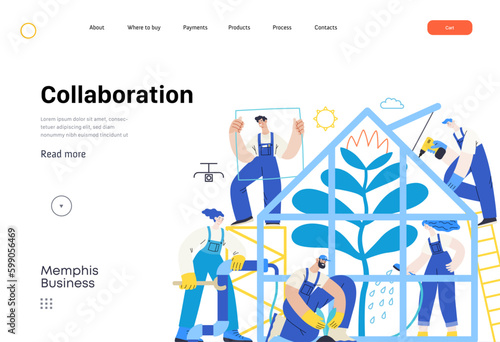 Memphis business illustration. Collaboration -modern flat vector concept illustration  team  people working together in greenhouse  constructing  watering  planting. Corporate teamwork metaphor.