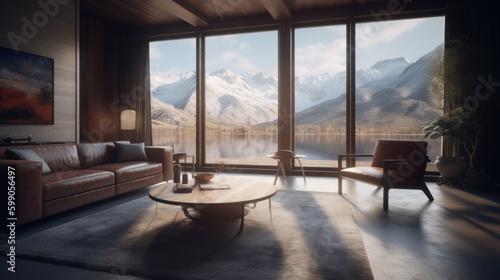 Bright modern living room interior with a perfect panoramic view on the mountains. Generative AI illustration. © Tuyres