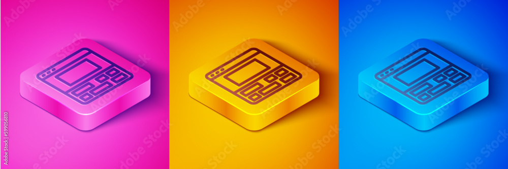 Isometric line Video recorder or editor software on laptop icon isolated on pink and orange, blue background. Video editing on a laptop. Square button. Vector Isometric line Video recorder or editor software on laptop icon isolated on pink and orange, blue background. Video editing on a laptop. Square button. Vector