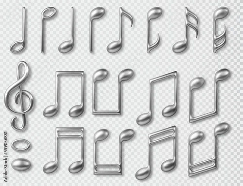 Set silver music notes icon. 3d realistic vector illustration isolated on transparent background.