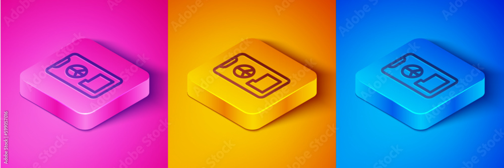 Isometric line Peace icon isolated on pink and orange, blue background. Hippie symbol of peace. Square button. Vector Isometric line Peace icon isolated on pink and orange, blue background. Hippie symbol of peace. Square button. Vector