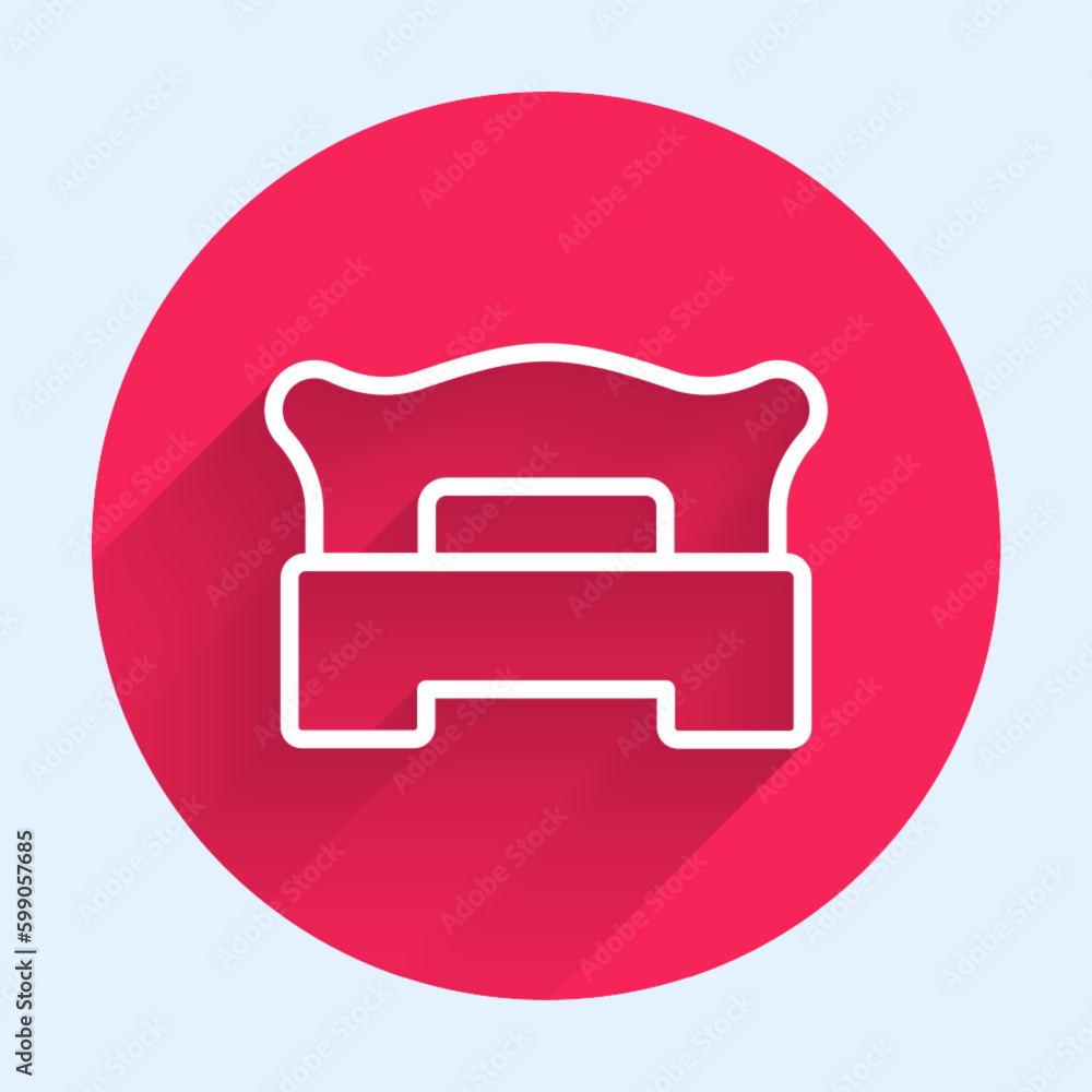 White line Bedroom icon isolated with long shadow background. Wedding, love, marriage symbol. Bedroom creative icon from honeymoon collection. Red circle button. Vector White line Bedroom icon isolated with long shadow background. Wedding, love, marriage symbol. Bedroom creative icon from honeymoon collection. Red circle button. Vector