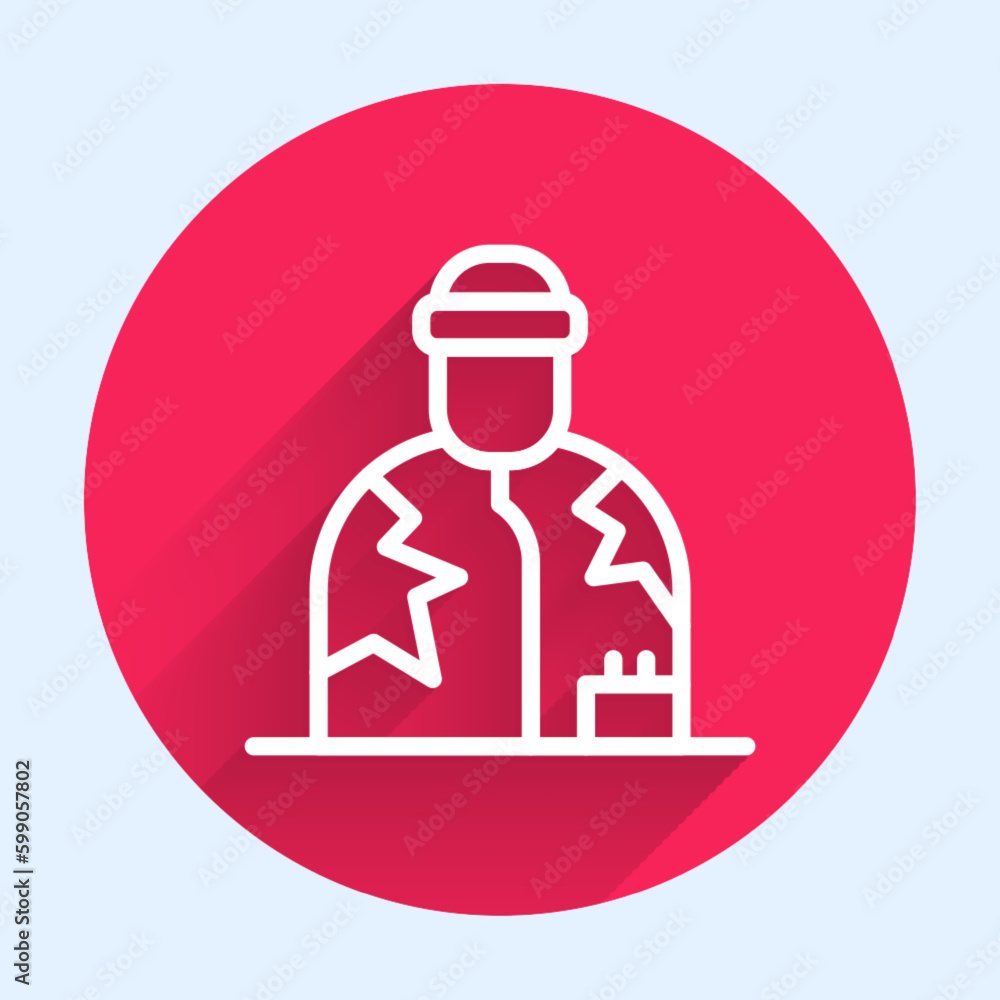 White line Homeless icon isolated with long shadow background. Homelessness problem. Red circle button. Vector White line Homeless icon isolated with long shadow background. Homelessness problem. Red circle button. Vector