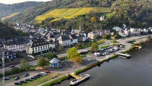 Aerial Drone Shot of Trarbach in autumn Traben-Trarbach City with Morning Fog. River Moselle, Germany. Moselland. Generative AI photo