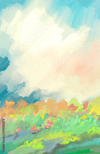 Vibrant, Impressionistic & Uplifting Spring or Summer Flowers in Bloom Under Blue Skies - Digital Painting, Illustration, Design, Art, Artwork, Doodle, Scribble, Background, Backdrop, or Wallpaper © DLP INSPIRATIONS