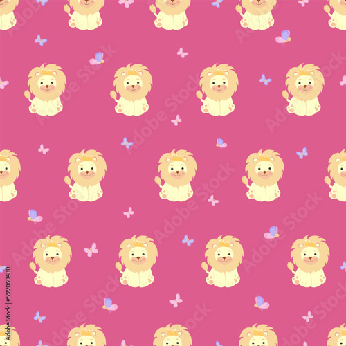 Seamless pattern with a line and with butterflies,  blue, pink, for babe