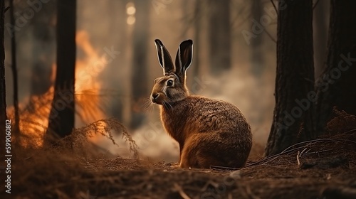 A wild hare is depicted amidst the smoke and flames of a burning forest in the background. Generative AI