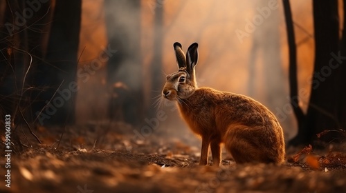 A wild hare is depicted amidst the smoke and flames of a burning forest in the background. Generative AI