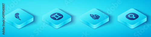 Set Isometric Feather pen, Gemini zodiac, Venus and Magic stone icon. Vector