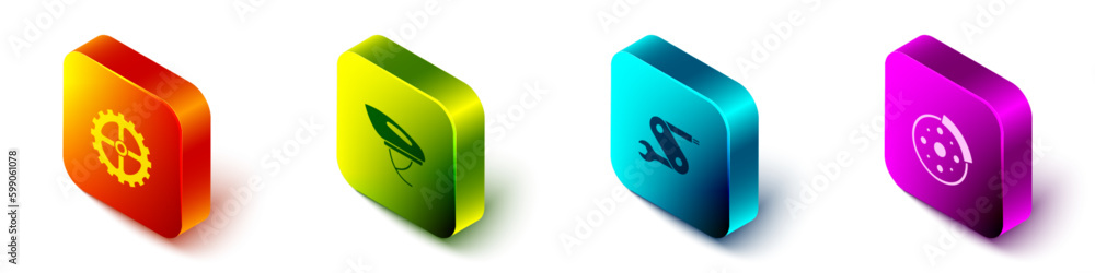 Set Isometric Bicycle sprocket crank, helmet, Swiss army knife and brake disc icon. Vector Set Isometric Bicycle sprocket crank, helmet, Swiss army knife and brake disc icon. Vector